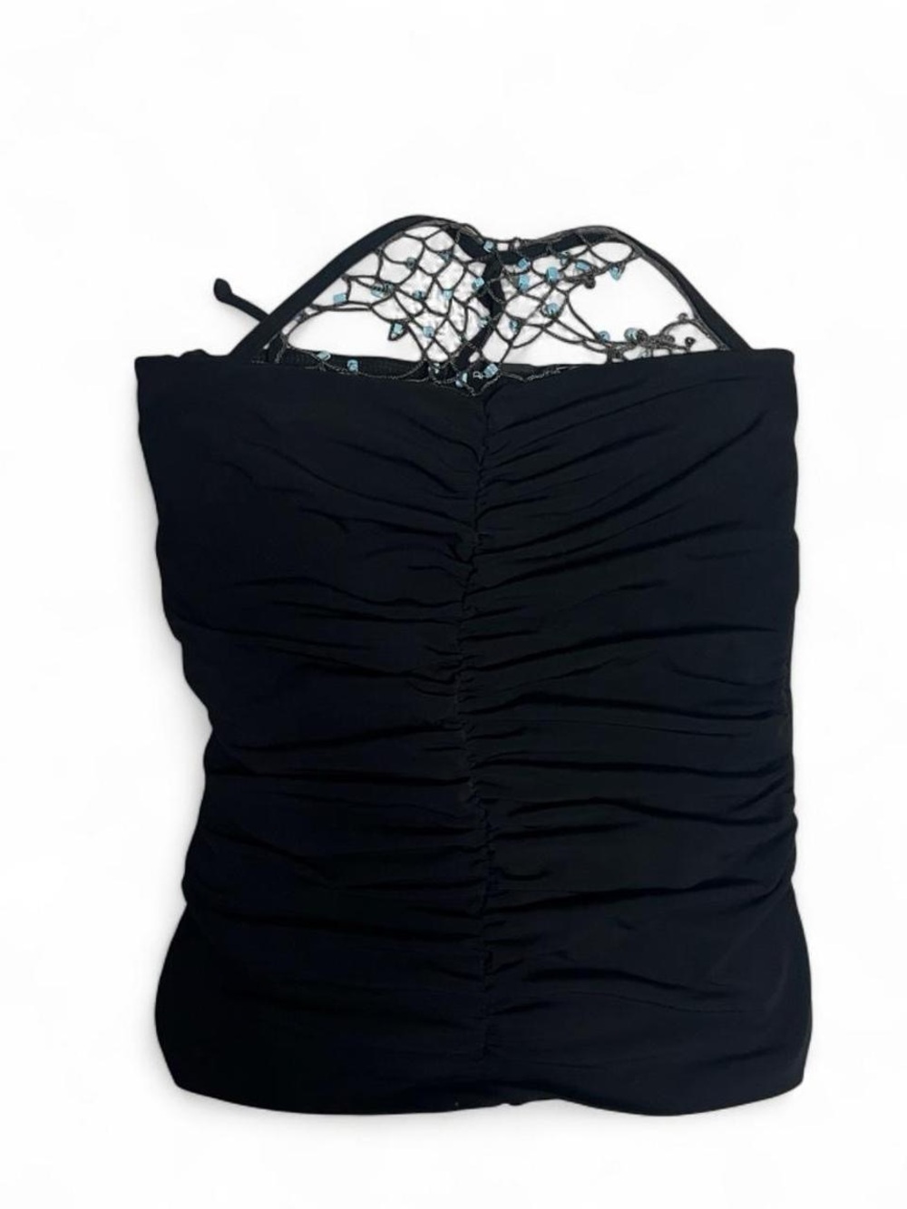 Arden B Black Strapless Ruched Tank with Mesh Trim